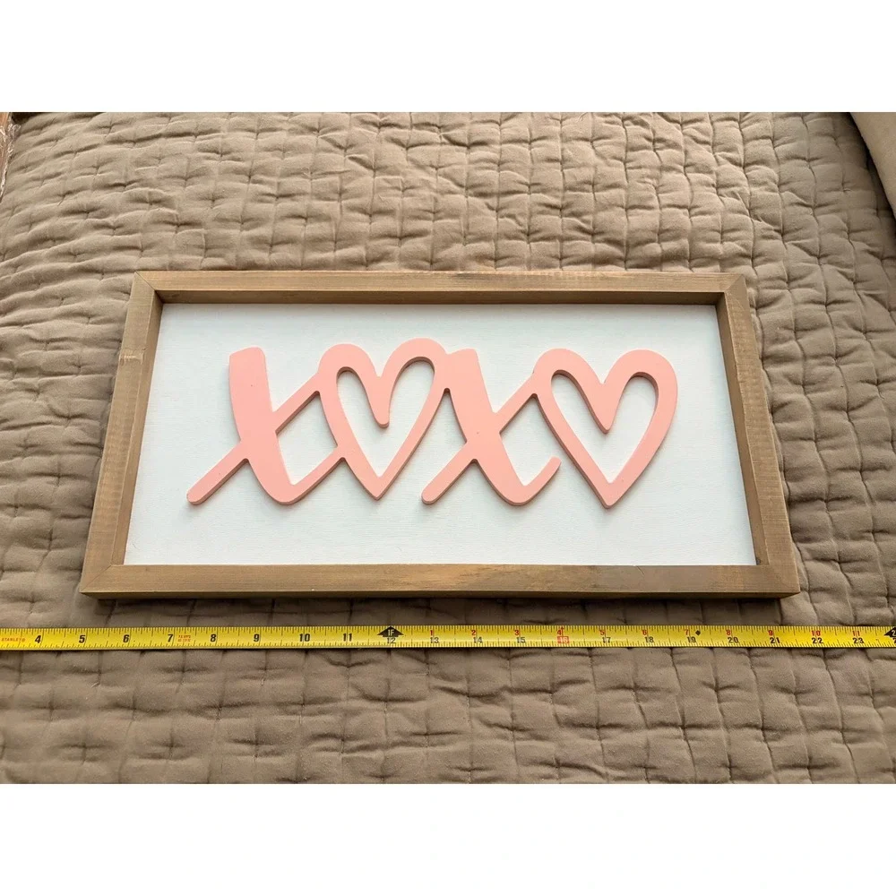 XOXO Heart Wooden Framed Wall Decor Pink White Love 17X9